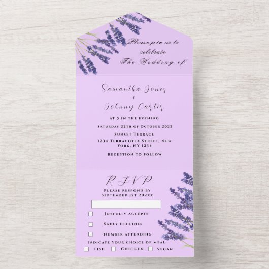 Groene kruiden Waterverf Paarse lavender Weddensch All In One Uitnodiging (Binnen)