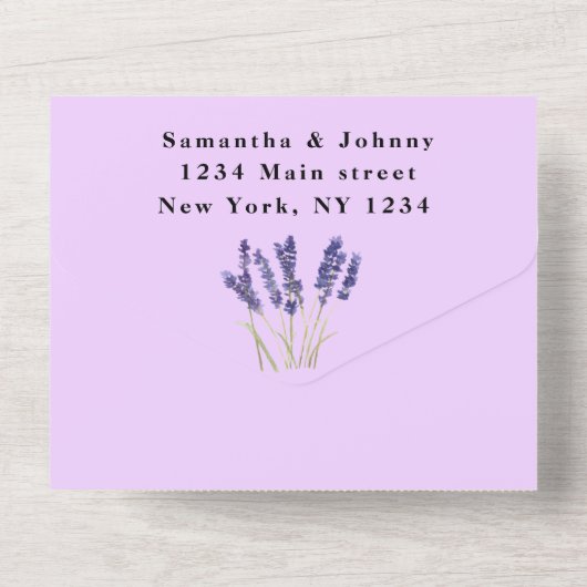 Groene kruiden Waterverf Paarse lavender Weddensch All In One Uitnodiging (Achterkant)