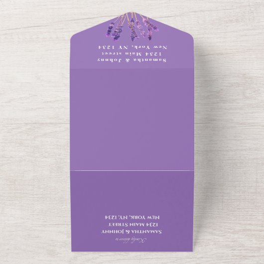Groene kruiden Waterverf Paarse lavender Weddensch All In One Uitnodiging (Buitenkant)