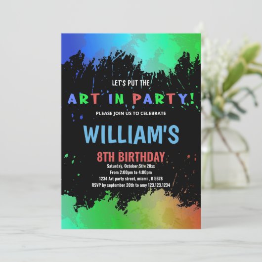 Groene kunst in feestverf - Birthday - uitnodiging (Staand voorkant)