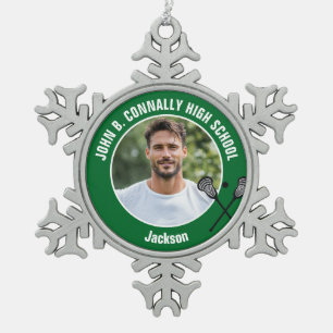 Groene Lacrosse Speler Foto Hogere School Tin Sneeuwvlok Ornament