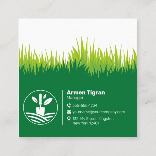 Groene Landscaping Lawn Care Tuinman Maaien Vierkante Visitekaartje (Achterkant)