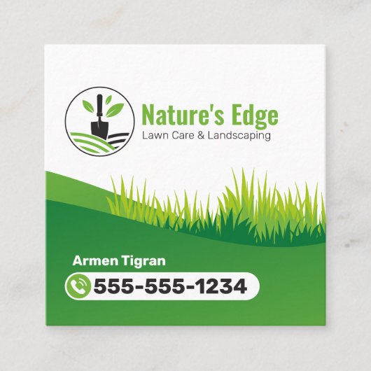 Groene Landscaping Lawn Care Tuinman Maaien Vierkante Visitekaartje (Voorkant)