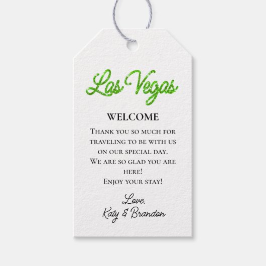 Groene Las Vegas Sparkles Bruiloft Welkom Cadeaulabel (Voorkant)