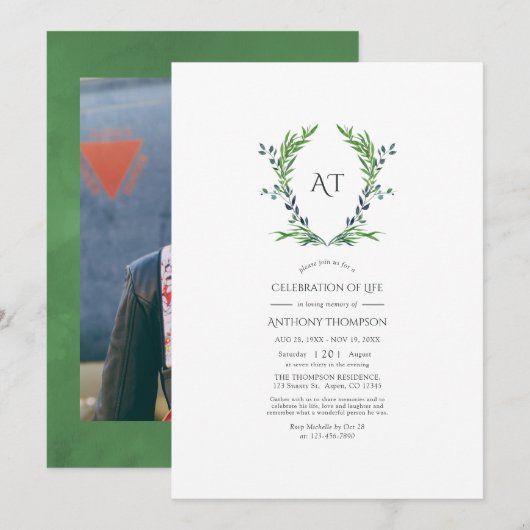 Groene Laurel Crest Monogram Levensviering Kaart (Voorkant / Achterkant)