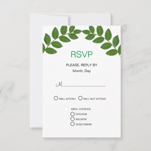 Groene laurierbladeren bruiloft RSVP kaartje (Voorkant)