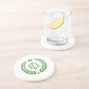 Groene Lauwerkrans Aangepaste Monogram Zandsteen Onderzetter