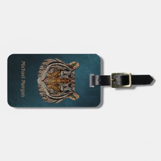 Groene lederen blik van het tijgerhoofd bagagelabel (Voorkant horizontaal)