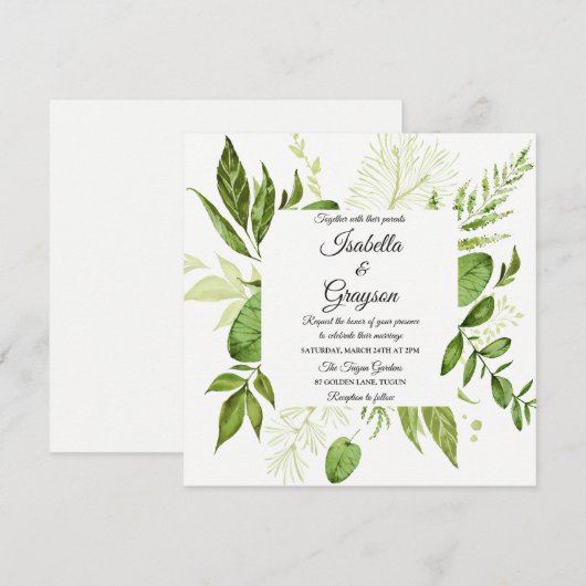 Groene lef Elegant Botanical Wedding Invitation Kaart (Voorkant / Achterkant)