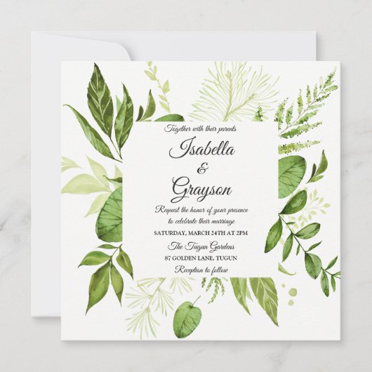 Groene lef Elegant Botanical Wedding Invitation Kaart (Voorkant)
