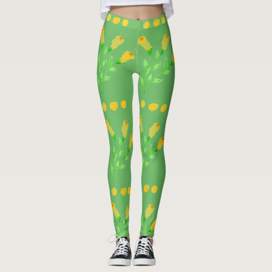 Groene Leggings met Musrard Yellow Print (Voorkant)
