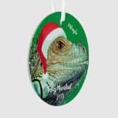 Groene leguaan in kerstmuts Ornament (voorkant)