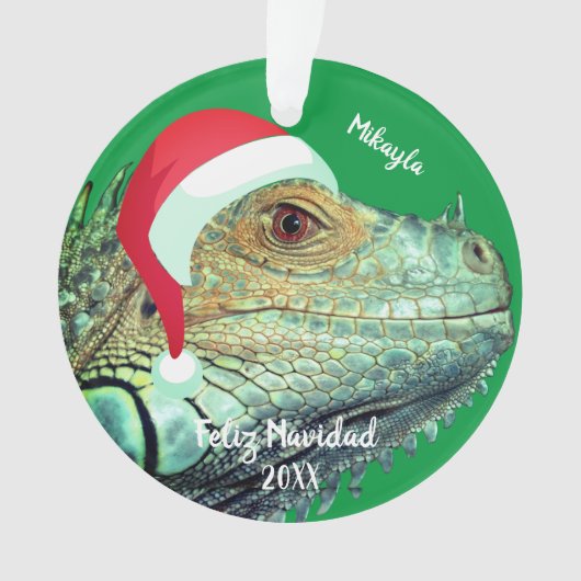 Groene leguaan in kerstmuts Ornament (voorkant)