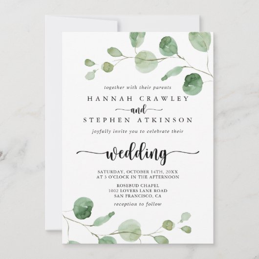 Groene lekkere eucalyptusfront en rugbruiloft kaart (Voorkant)