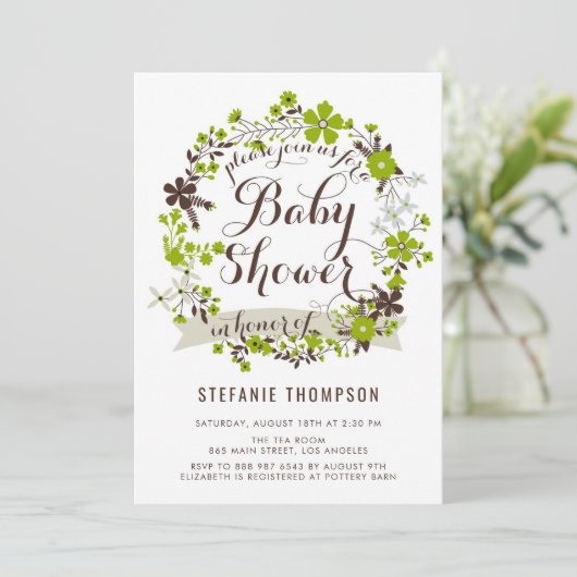 Groene lente bloemenkrans Baby shower Kaart (Staand voorkant)