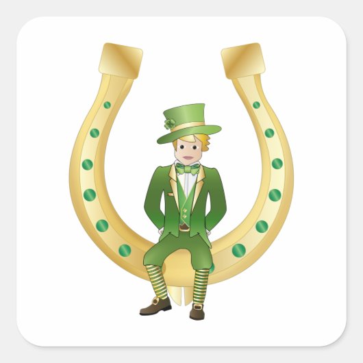  groene leprechaun op een gouden hoefijzer vierkante sticker (Voorkant)