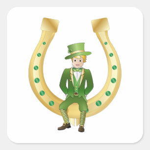 groene leprechaun op een gouden hoefijzer vierkante sticker