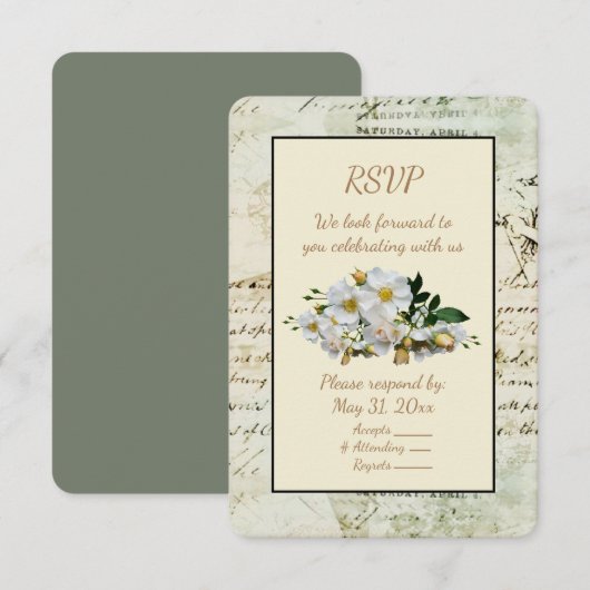 Groene  Letter-Lijst en witte rozen RSVP Kaartje (Voorkant / Achterkant)