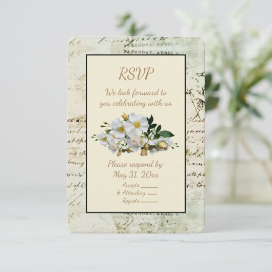 Groene  Letter-Lijst en witte rozen RSVP Kaartje (Staand voorkant)