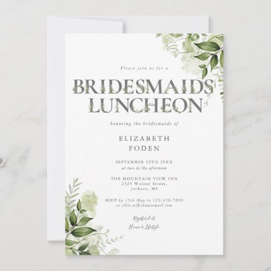 Groene Letter Monogram Bruidsmeisjes Luncheon Kaart (Voorkant)