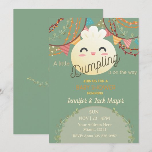 Groene Leuke Kleine Dumpling Baby shower Invitatio Kaart (Voorkant / Achterkant)
