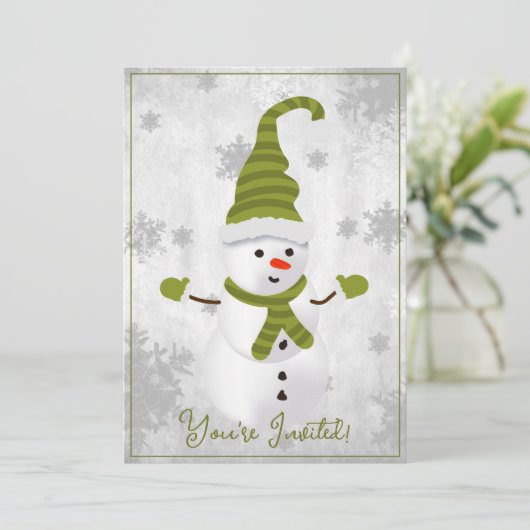 Groene Leuke Sneeuwman Kerstfeest Uitnodiging (Staand voorkant)