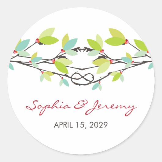 Groene leves Knoted Love Trees Spring Wedding Ronde Sticker (Voorkant)