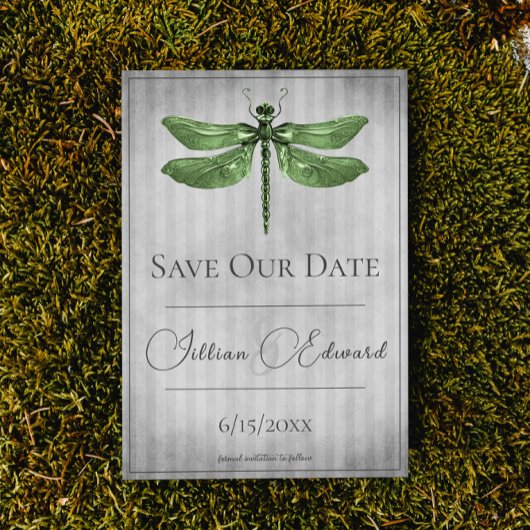 Groene Libel met Edelstenen Save the Date Aankondiging