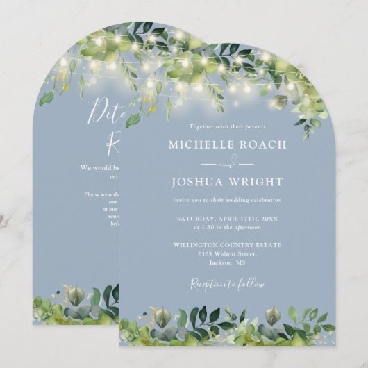 Groene Lichten Boog Stof Blauw QR Code Trouwen Kaart (Voorkant / Achterkant)