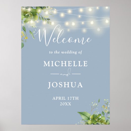 Groene Lichten Stoffig Blauw Bruiloft Welkomstbord Poster (Voorkant)
