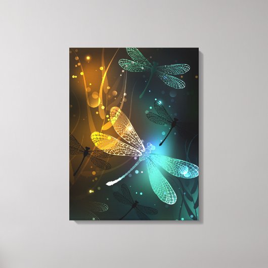 Groene lichtgevende libel vlucht canvas afdruk (Voorkant)