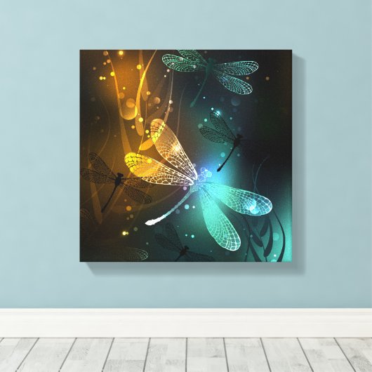 Groene lichtgevende libel vlucht canvas afdruk (Insitu (Houten vloer))