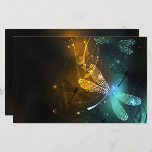 Groene lichtgevende libelvlucht briefpapier (Voorkant / Achterkant)