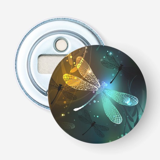 Groene lichtgevende libelvlucht button flesopener (Voorkant)