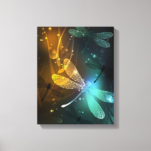 Groene lichtgevende libelvlucht canvas afdruk (Voorkant)