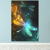 Groene lichtgevende libelvlucht canvas afdruk (Insitu (Houten vloer))