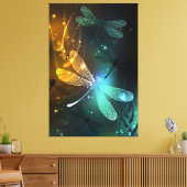 Groene lichtgevende libelvlucht canvas afdruk (Insitu (Woonkamer))