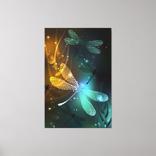 Groene lichtgevende libelvlucht canvas afdruk (Voorkant)