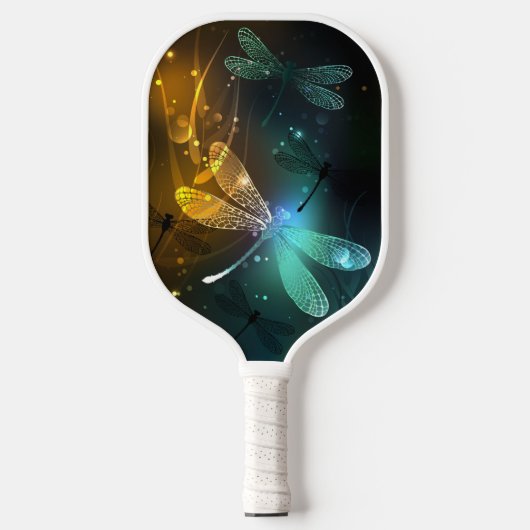 Groene lichtgevende libelvlucht pickleball paddle (Voorkant)
