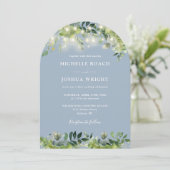 Groene Lichtjes Monogram Stof Blauw Bruiloft Kaart (Staand voorkant)