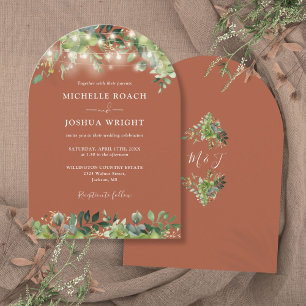 Groene Lichtjes Monogram Terracotta Bruiloft Kaart