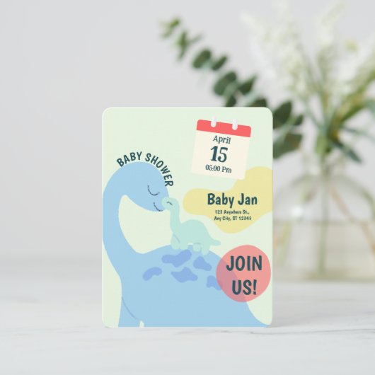 Groene Lieve Dinosaur Baby Shower Uitnodiging  (Staand voorkant)