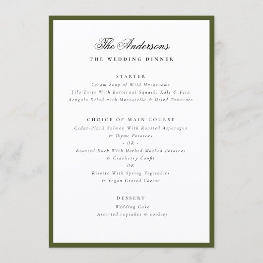 Groene lijst kalligrafie naam aangepast trouwdiner menu (Voorkant)