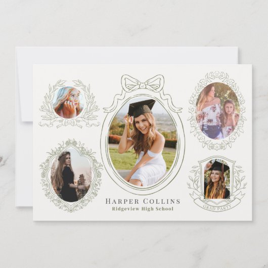 Groene Lijsten & Botanische Accents Cream Afstuder Kaart (Voorkant)