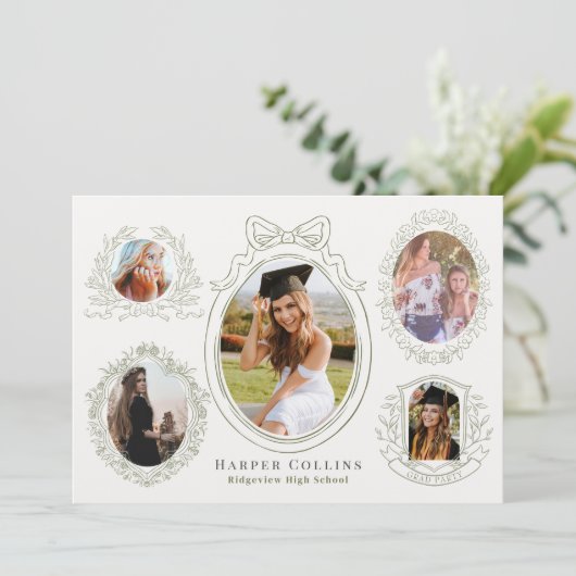 Groene Lijsten & Botanische Accents Cream Afstuder Kaart (Staand voorkant)