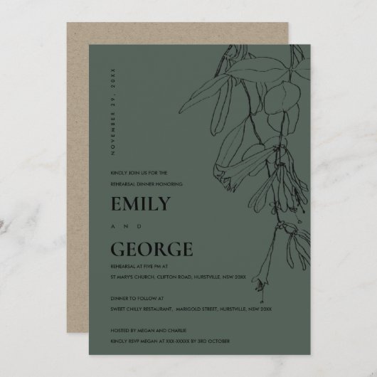 GROENE LINE DRAWING FLORAL REHEARSAL DINNER INVITE BEDANKKAART (Voorkant / Achterkant)