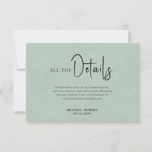 Groene Linnen Eenvoudige Zwarte Script Trouwdetail Kaart (Voorkant)