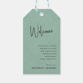 Groene linnen Simple Script Welkom Trouwcadeautag Cadeaulabel