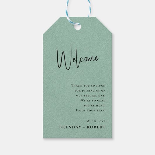 Groene linnen Simple Script Welkom Trouwcadeautag Cadeaulabel (Voorkant)