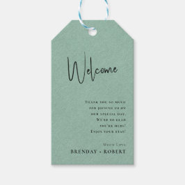 Groene linnen Simple Script Welkomst Huwelijks Cad Cadeaulabel